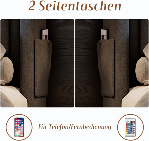 Polsterbett 180×200 cm mit Ladefunktion & LED-Beleuchtung, Stauraum, Baumwoll-Leinen Bezug Grau Bild 7