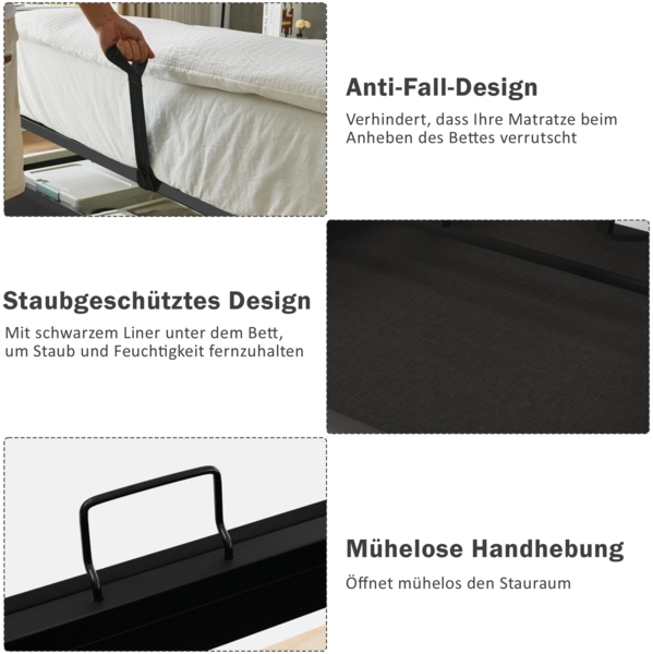 Polsterbett 180×200 cm mit Ladefunktion & LED-Beleuchtung, Stauraum, Baumwoll-Leinen Bezug Grau Bild 8