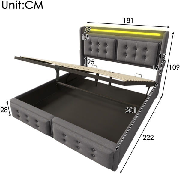 Polsterbett 180×200 cm mit Ladefunktion & LED-Beleuchtung, Stauraum, Baumwoll-Leinen Bezug Grau Bild 9