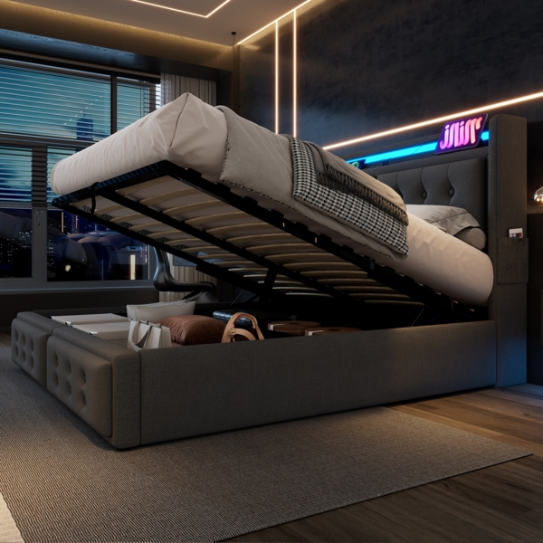 Polsterbett 180×200 cm mit Ladefunktion & LED-Beleuchtung, Stauraum, Baumwoll-Leinen Bezug Grau Bild 3