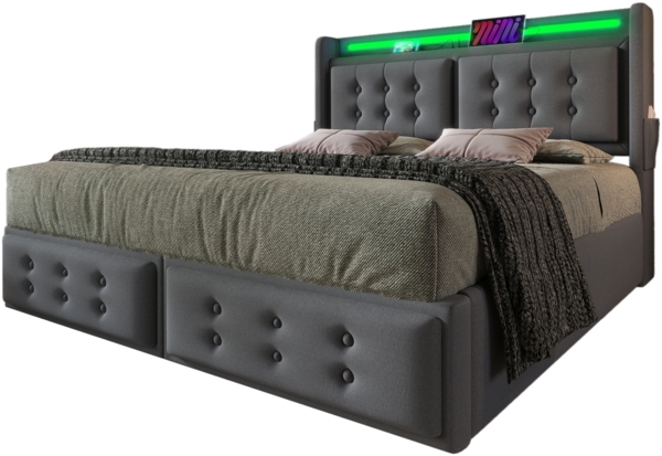 Polsterbett 180×200 cm mit Ladefunktion & LED-Beleuchtung, Stauraum, Baumwoll-Leinen Bezug Grau Bild 10