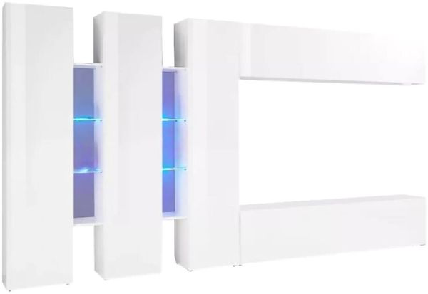Dmora Ausgestattete Wand Carretto, 5-türiges TV-Ständer-Wohnzimmerset, Mehrzweck-Wohnzimmermöbel, 100 % Made in Italy, 340 x 30 x 180 cm, glänzendes Weiß,