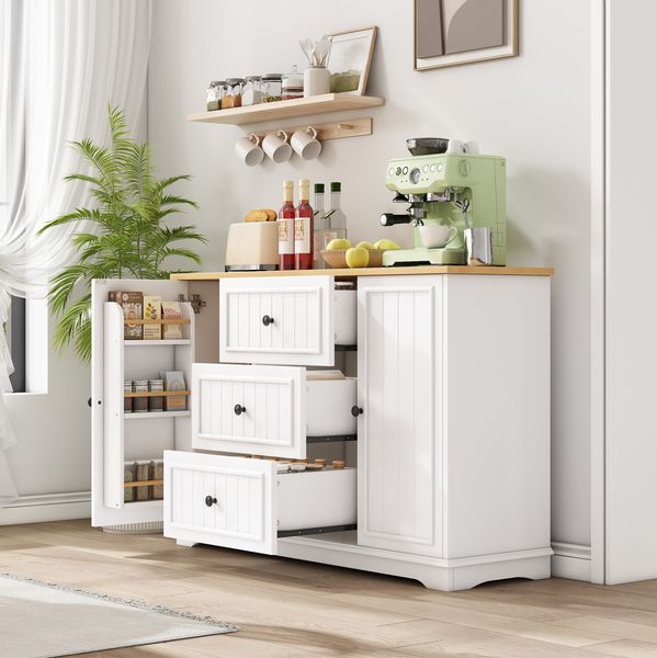 Sideboard 126 x 40 x 86 cm mit 3 Schubladen und Türen – weißes MDF mit heller Holzoptik
