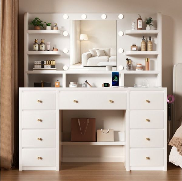 Lexzurn Schminktisch Schminktisch mit LED-Beleuchtung, großem hochauflösendem Spiegel (9 Schubladen, 11 offene Fächer, seitliches Ablageboard, mit Steckdose und USB-Anschluss,10 LED-Leuchten, 3 Lichtfarben), Maße: 107 × 40 × 140 cm. Leise laufende Schi...