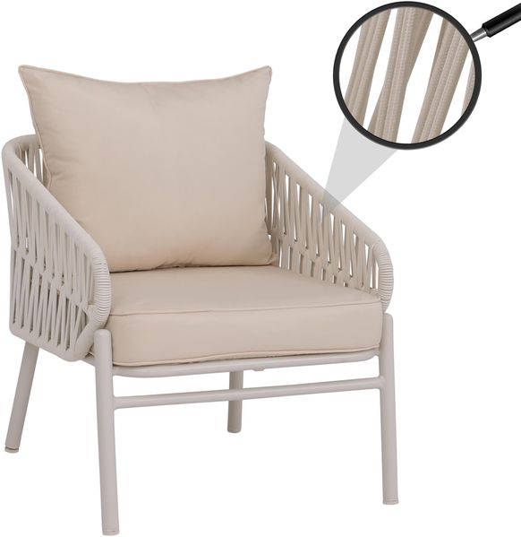 Aluminium-Gartenstuhl HWC-P90, Loungestuhl Sessel Outdoor, Seilgeflecht Rope Stoff/Textil (180g/m²) ~ creme