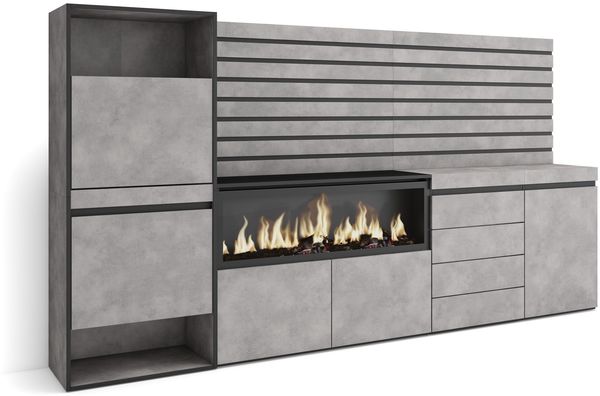 Skraut Home | Schuhregal, Schuhschrank | Schuhaufbewahrung | 274 x 145 x 35 cm | Für Schlafzimmer, Zimmer | Elektrokamin XXL | Kommode mit Schubladen | Lamellenwand Holz | Moderner Stil | Zement