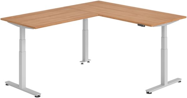 bümö Eckschreibtisch elektrisch höhenverstellbar L-Form: 180x220 cm in Nussbaum, Gestell silber - Stehschreibtisch mit Memory-Steuerung, elektrischer XXL Schreibtisch für die Ecke, XDSMW-1914-N-S