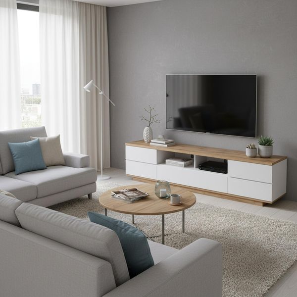 FurnitureR Farbblock-TV-Lowboard mit 5 Türen & offenen Fächern, modernes MDF-Design in Weiß & Holzoptik für Wohnzimmer & Medienbereich
