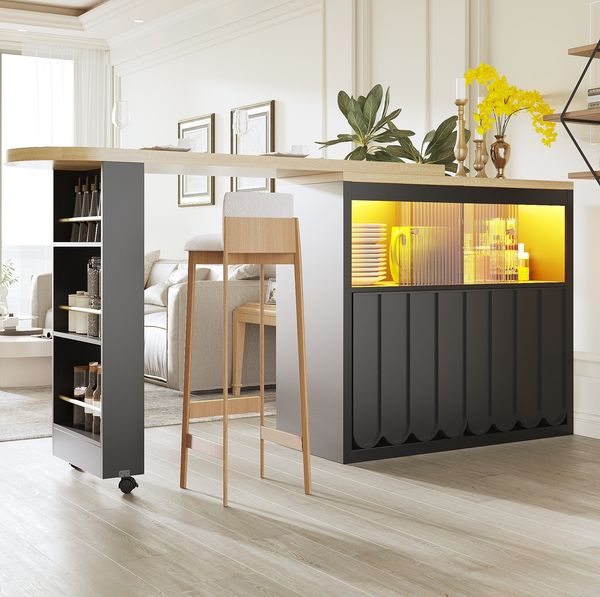 Mobiler Bartisch 135-205x39x100 cm mit LED, Rollen & Glasfront, 360° drehbar, schwarz