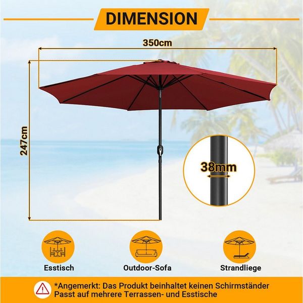 Clanmacy Sonnenschirm Sonnenschirm Ø350 cm Balkonschirm Gartenschirm UV50+ ohne Knick Rot, LxB: 350x350 cm, Stabiler knickbar/für Garten, Balkon, Terasse/Sonnenschutz