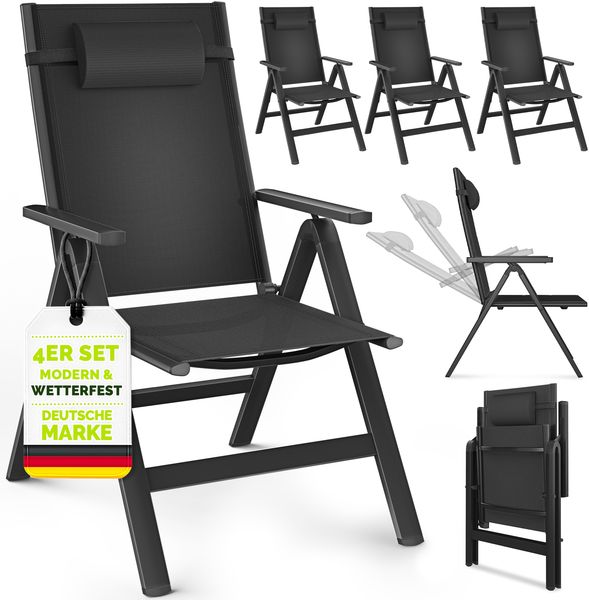 tillvex Gartenstuhl Premium 4 Stück Schwarz klappbar aus Aluminium | Hochlehner mit Armlehnen | Klappstuhl verstellbar | Klappsessel Balkon Garten Terrasse