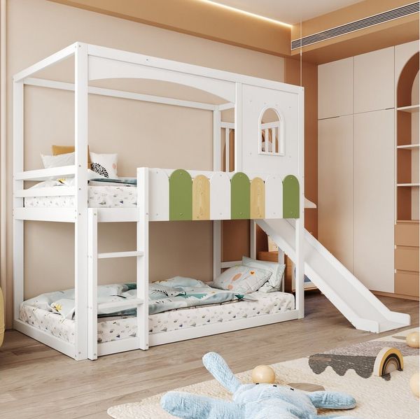 Flieks Etagenbett, Hausform Kinderbett 90x200cm mit oberem Lattenrost, Rutsche und Leiter