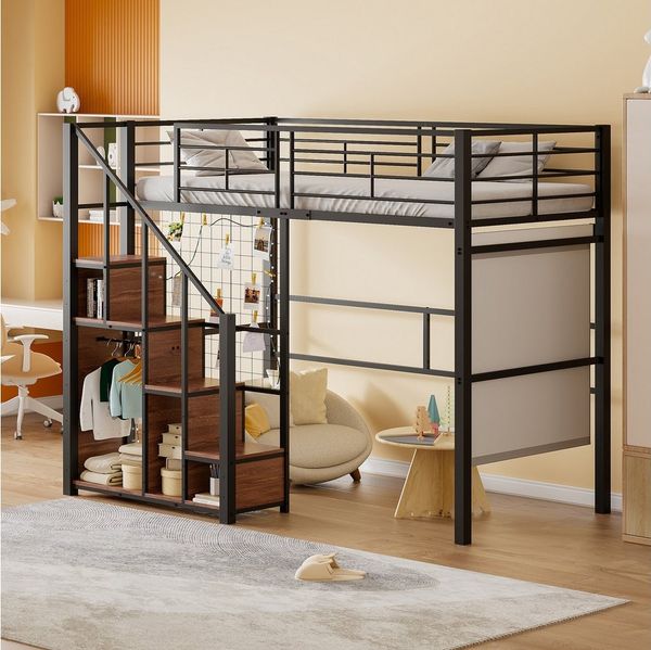 Flieks Hochbett Einzelbett Kinderbett Metallbett 90x200cm mit Stauraumtreppe