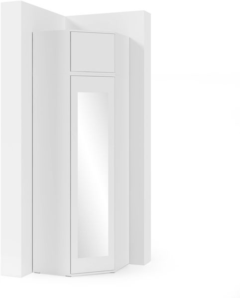 Eckschrank Modulo, Kleiderschrank mit Spiegel und Schrankaufsatz, Weiß Matt, 225 x 70 x 70 cm