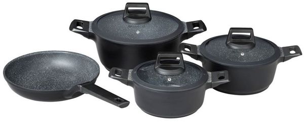Mulex Topf-Set MALAGA, aus hochwertigem Aluguss, Aluminiumguss (Set, 7-tlg, Kochtopfset inkl. Bratpfanne), hitzebeständige Bakelitgriffe, inkl. Softtouch-Silikon Glasdeckel
