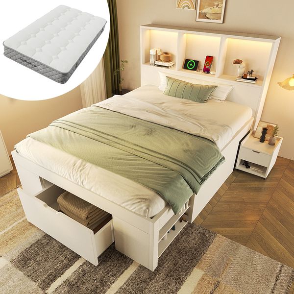 Polsterbett 90×200 cm aus Holz mit LED-Beleuchtung und Matratze, weiß