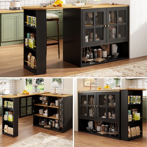 360° drehbare Essbar, schlicht und modern, multifunktional, geeignet für Schlafzimmer, Wohnzimmer, Esszimmer, mit Snackregal, 5 Ablageflächen, drehbarer Sideboardschrank mit Regalen und Glas, schwarz