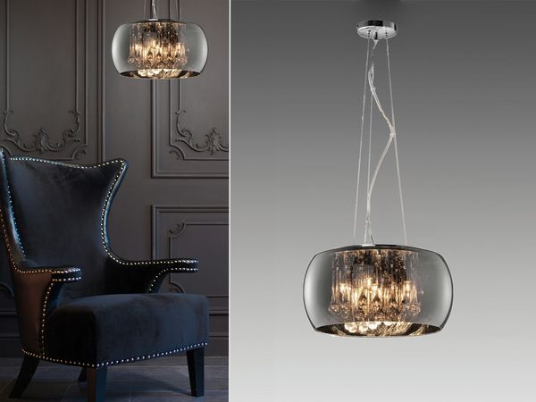 Kristall Pendelleuchte VAPORE Glas Chrom verspiegelt & Rauchglas Optik, Ø 40cm