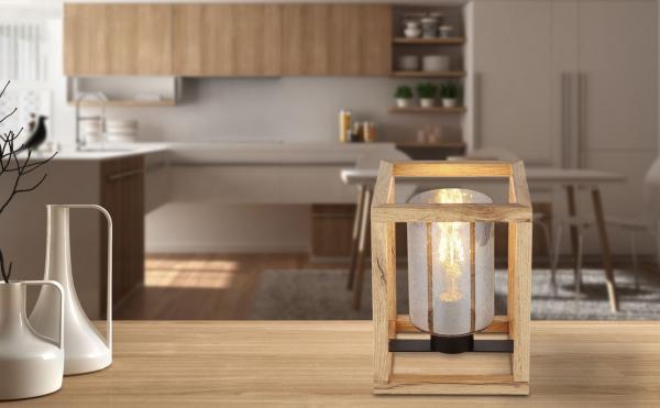 Tischleuchte, Rauchglas, Holz, Luftblasen, schwarz, H 22 cm