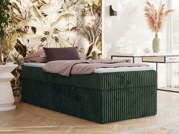 Boxspringbett 90x200 Polsterbett ZERO 90 Einzelbett ohne Kopfteil, inkl. Stauraum & Multipocket-Matratze, Hotelbett - Dunkelgrün Cordstoff - H3 - Topper T25