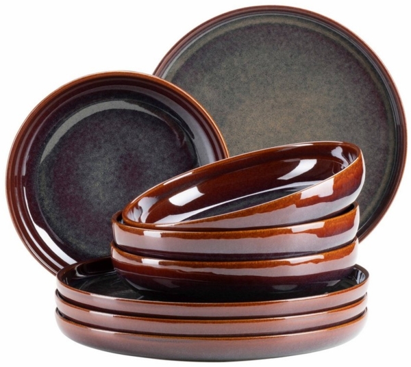 Modernes Keramik Teller Set mit unregelmäßiger Effektglasur für 4 Personen, flache Speiseteller und Suppenteller, 8-teiliges Tafelservice; Rot / Braun