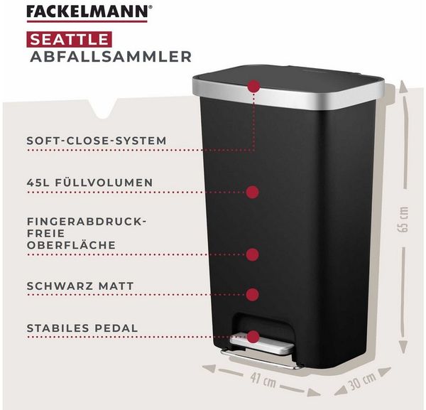 FACKELMANN Mülleimer SEATTLE, Pedal-Abfalleimer 45L, stilvoller Mülleimer mit Soft-Close System & robustem Pedal