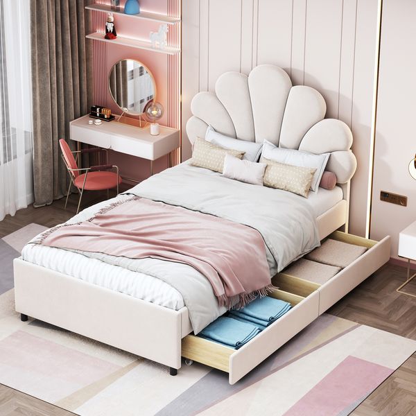Polsterbett Kinderbett 90 x 200 cm, Bettrahmen mit geblümtem Kopfteil und Lattenrost, mit 2 Ablagefächern, Mädchenbett-Gästebett aus hautfreundlichem Samtstoff, Beige