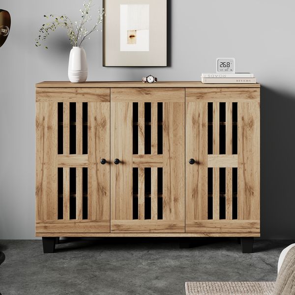 Sideboard 120x32x92 cm mit 3 Türen und 8 Ablagefächern – Aufbewahrungsschrank in Naturholz-Optik
