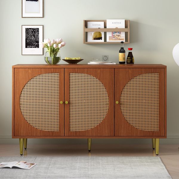 Sideboard 129,8x40x76 cm mit 3 Rattan Türen – elegantes Highboard in Walnuss
