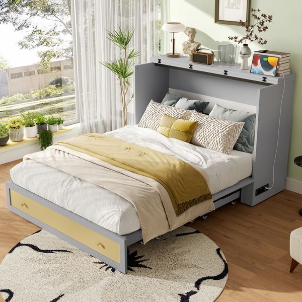 Schrankbett mit USB-Anschluss, Schubladen & Regal, 140x200 cm, grau, ohne Matratze