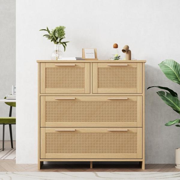 Merax Schubkastenkommode mit Rattangeflecht, Kommode mit 4 Schubladen, Sideboard, Landhaus, B:80cm