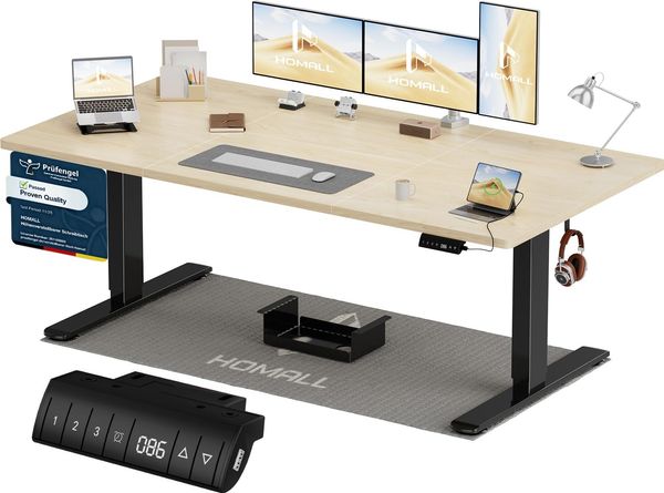 Homall Höhenverstellbarer Schreibtisch 180x80 cm mit USB-A Ladeanschluss, Elektrischer Schreibtisch mit Kabel Management Tray, Standing Desk mit 3 Memory Funktion, Computertisch Beige+Schwarz
