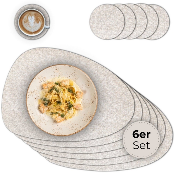 matches21 HOME & HOBBY Platzset Ovales Tischset mit Glasuntersetzer, 6er Set, in Beige meliert, (6-St), Hitzebeständige abwaschbare PVC Platzsets