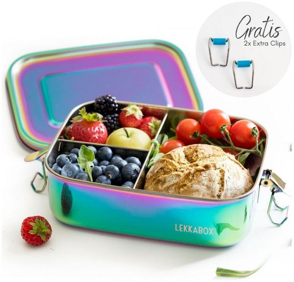 LEKKABOX Lunchbox Kinder Edelstahl Brotdose 1000ml - 3 Fächer auslaufsicher Bentobox, (1 Edelstahldose mit Deckel, 2 zusätzliche Clips mit Silikonschutz), Auslaufsicher dank Dichtung, mit 3 Fächern für trockene Lebensmittel