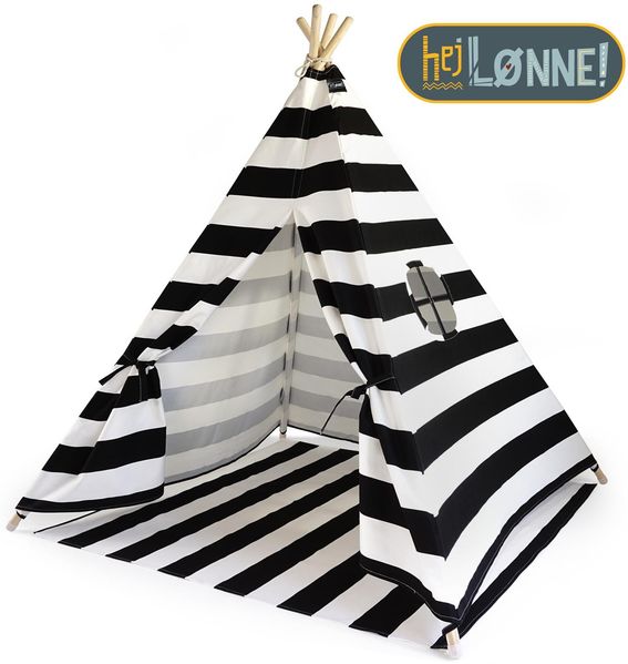 Hej Lønne Tipi Zelt für Kinder (schwarz, gestreift), Indianerzelt, 4 Stangen, 120x120x150cm, Baumwolle