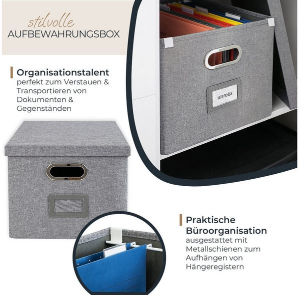 HMF Aufbewahrungsbox Aufbewahrungsbox mit Deckel für DIN A4 Hängeregister, Regalbox passend für Kallax, 33 x 37,5 x 28 cm, Grau