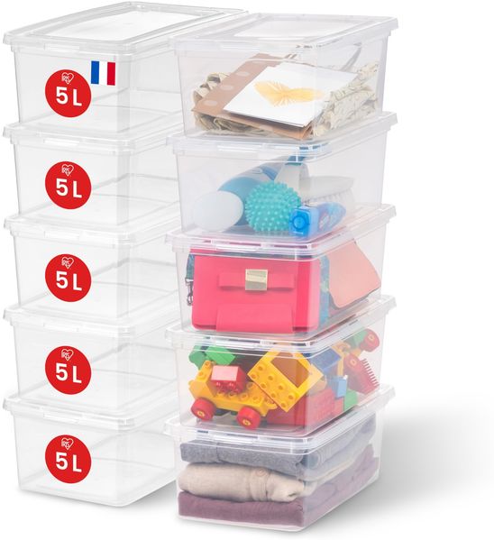 Iris Ohyama Vielseitige Aufbewahrungsboxen, 5L, 10er-Set, Transparent, Deckel leicht schließbar, Stapelbar, Für Schrank, Regale, Klassenzimmer, Organisation, Spielzeug, Kunstbedarf, Schuhe, CNL-5