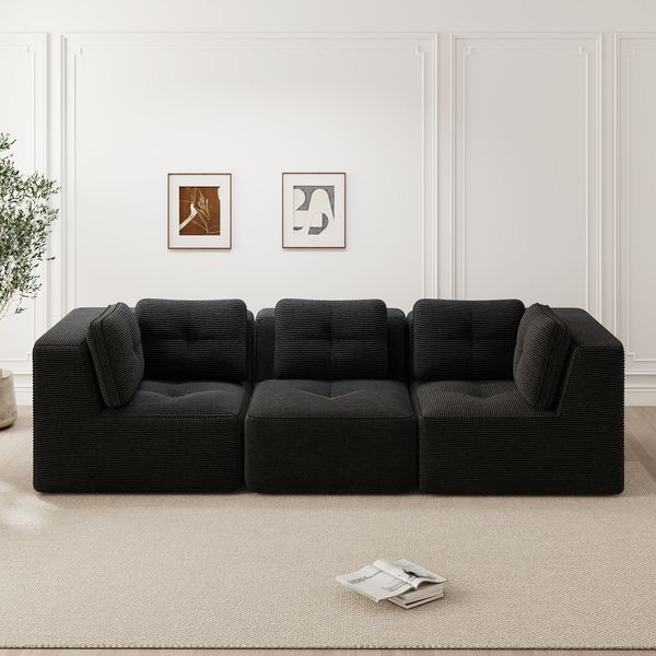 3-Sitzer Ecksofa H 69 x T 297 x B 104 cm aus Cord, modular, mit 74 cm Sitztiefe, schwarz