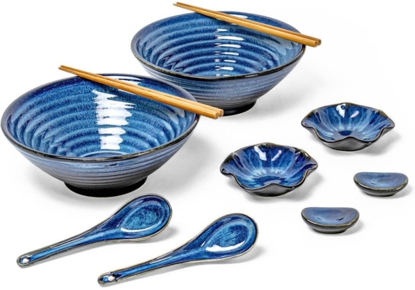 UNICASA Ramen Schüssel Set Keramik Essgeschirr Blaue Müslischalen 2X