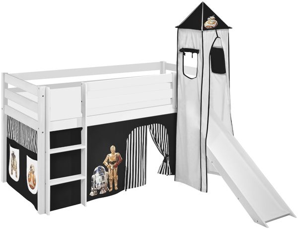 Lilokids 'Jelle' Spielbett 90x200 cm, Star Wars Schwarz, Kiefer massiv, mit Turm, Rutsche und Vorhang