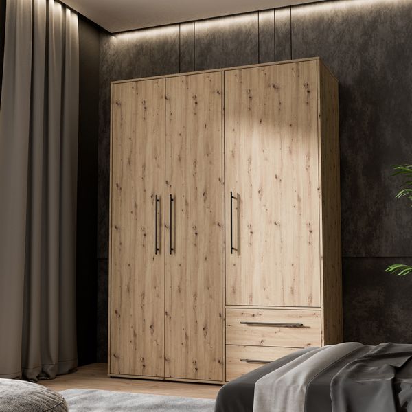 Forte MOKKARIS Kleiderschrank 140 150, modern-industrieller Schrank mit 3 Drehtüren und 2 Schubladen, Holzwerkstoff, Artisan Eiche Holzdekor, 144,4 cm breit x 200,1 cm hoch x 58,8 cm tief