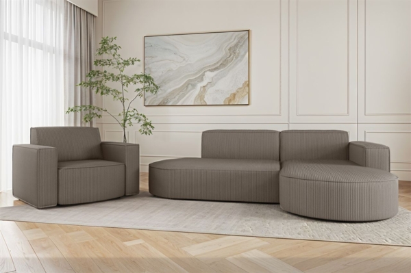 Sofa Set 2-teilig Sessel und Ecksofa PALMA XS Stoff Scala Grau Ottomane Rechts