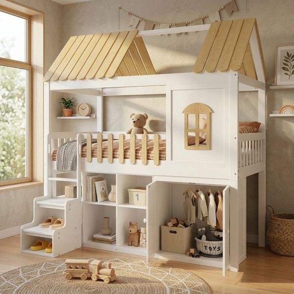Flieks Hochbett Etagenbett Massivholz Hausbett 90x200cm mit Kleiderschrank und Regalen