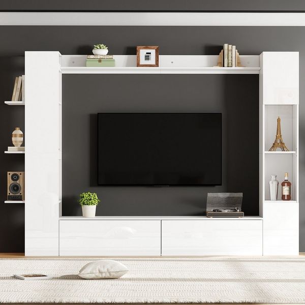 KLAM HOME Wohnwand 4-tlg. Kompaktwohnwand Weiß Hochglanz mit viel Stauraum für Wohnzimmer, (Wohnwand Set mit TV-Schrank, Vitrine & Aufbewahrungsschrank 228x170 cm), Flexibles Wandmöbel mit wechselbarem Türanschlag & Acryl-Vitrine
