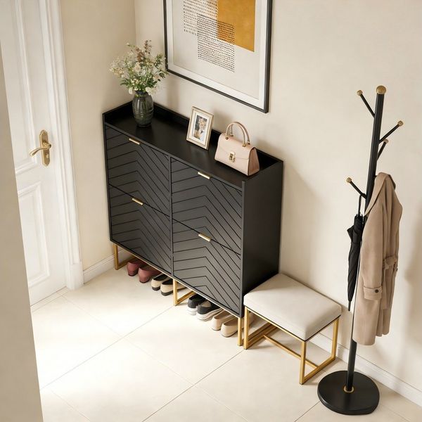 UEV Schuhschrank mit 4 Klappen, Schuhkipper Schmal, Schuhregal mit Metallfüße weiß (Packung, Modern Schuhaufbewahrung mit Oberplatte Schuhkommode mit Kippsicherung) trennwände verstellbar und abnehmbar für verschiedene Schuhtypen