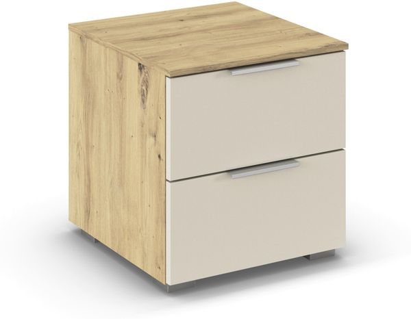 Rauch Möbel Alabama, Nachttisch für Schlafzimmer, Kinderzimmer, Gästezimmer, mit 2 Schubladen, Soft-Close-Funktion, Farbe Beige/Eiche Artisan, Holz, Griff Alufarben, Maße 40 x 42 x 42 cm