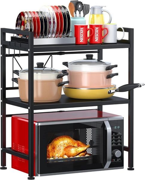 Refined Living Standregal 3-Stufiges Mikrowellenregal Ausziehbar 40-64 cm,Küchenregal, 6 Haken, Küchenregal aus Metall,Höhenverstellbares Mikrowellen Regal für Arbeitsplatte – Küchen Organizer Gewürzregal Bäckerregal Aufbewahrungsregal, Arbeitsplattenr...