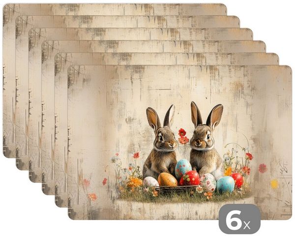 MuchoWow Platzset Kaninchen - Blumen - Eier - Ostern Deko, (6-St), Platzsets, Tischset, Abwaschbar, Tischsets, Platzdeckchen
