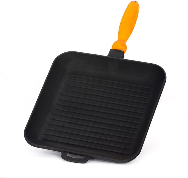 Gusseisen Grillpfanne 28x28 cm mit abnehmbarem Holzgriff – Grillstreifen-Effekt für Induktion & Backofen Steakpfanne Bratpfanne