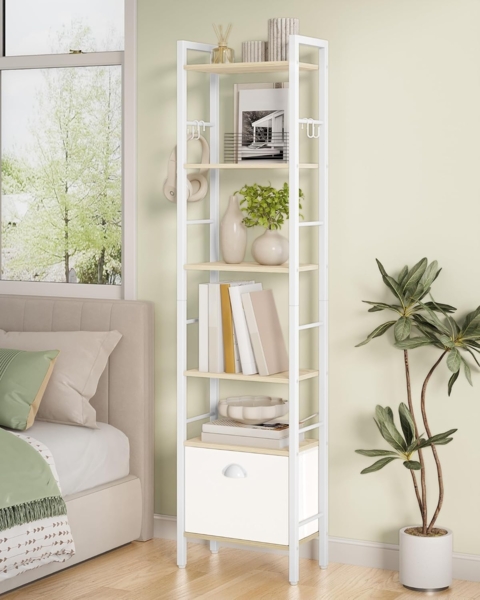 Bücherregal, 6 vertikale Regale mit 1 Zusammenklappbare Stoffschubladenund 4 Haken, offene Regale, Metallrahmen, geeignet für Arbeitszimmer, Wohnzimmer Weißeiche